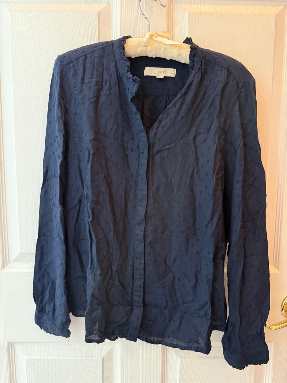 LOFT Navy Swiss Dot Ruffle-Trim Button Blouse